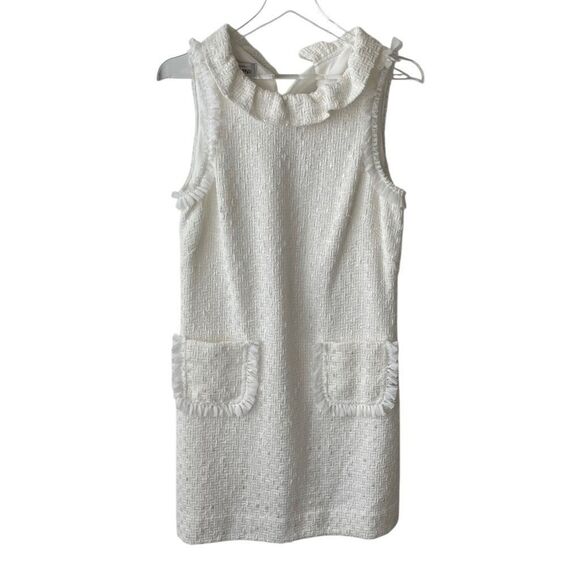 Sara Campbell Ruffle Neck Tweed Sleeveless White Shift Dress With Pockets Sz 12 - Picture 1 of 13